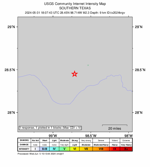 USGS DYFI community-reported intensity map for the M2.2 earthquake near 7 km NNW of Tilden, Texas