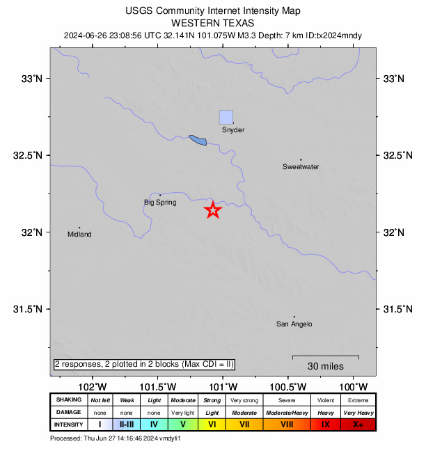 USGS DYFI community-reported intensity map for the M3.3 earthquake near 24 km SSW of Westbrook, Texas