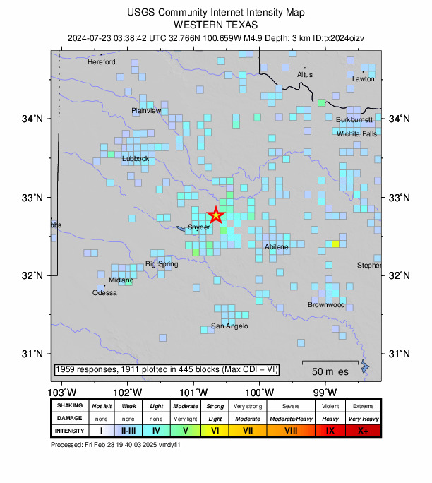 USGS DYFI community-reported intensity map for the M4.9 earthquake near 17 km NNE of Hermleigh, Texas