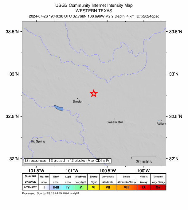 USGS DYFI community-reported intensity map for the M2.9 earthquake near 15 km NNE of Hermleigh, Texas