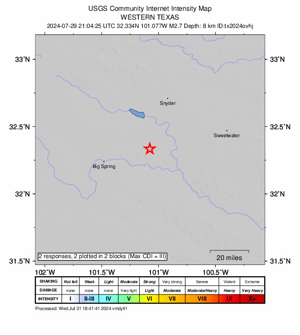 USGS DYFI community-reported intensity map for the M2.7 earthquake near 6 km WSW of Westbrook, Texas