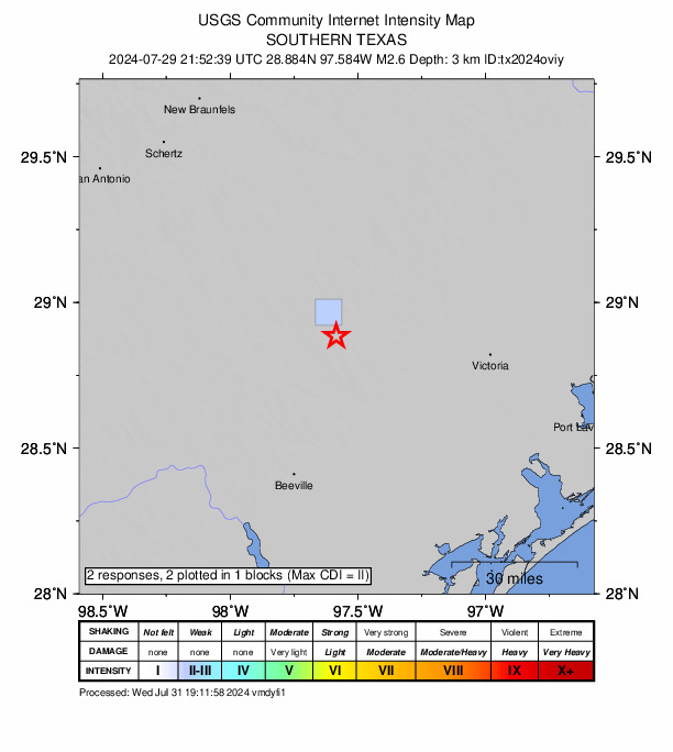 USGS DYFI community-reported intensity map for the M2.3 earthquake near 2 km WNW of Nordheim, Texas