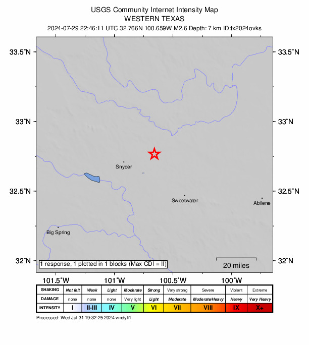 USGS DYFI community-reported intensity map for the M2.6 earthquake near 17 km NNE of Hermleigh, Texas