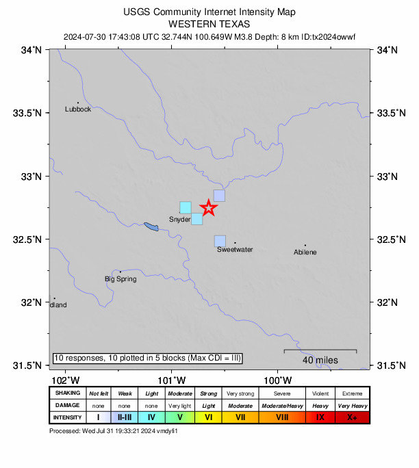 USGS DYFI community-reported intensity map for the M3.8 earthquake near 15 km NE of Hermleigh, Texas