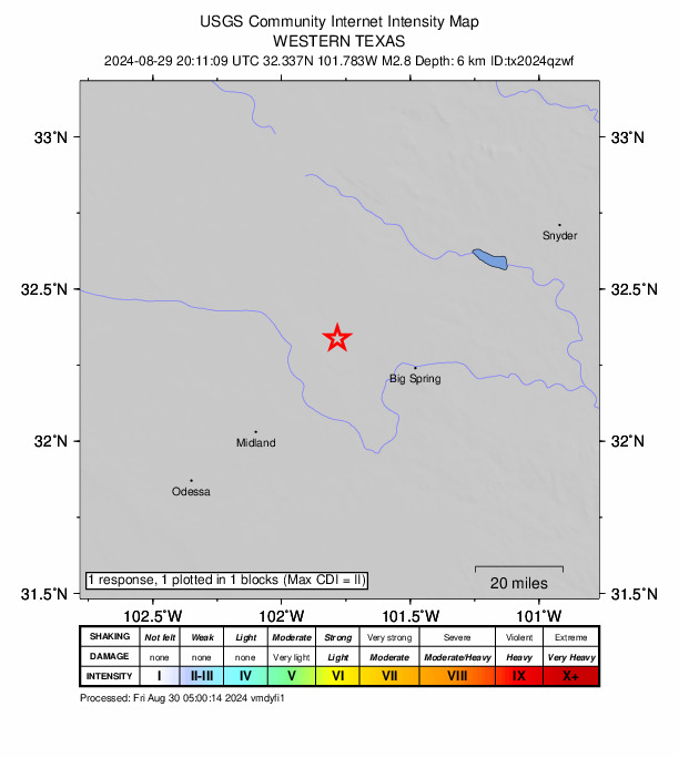 USGS DYFI community-reported intensity map for the M2.8 earthquake near 21 km SSW of Ackerly, Texas