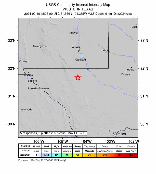 USGS DYFI community-reported intensity map for the M3.8 earthquake near 56 km S of Whites City, New Mexico