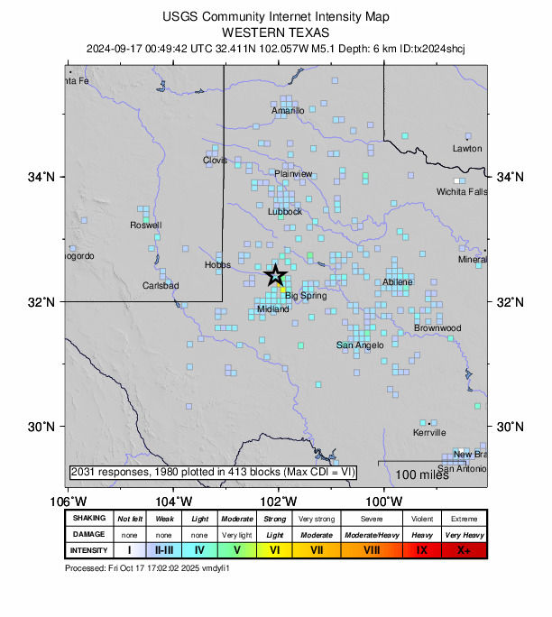 USGS DYFI community-reported intensity map for the M5.1 earthquake near 2024 North of Tarzan, Texas Earthquake