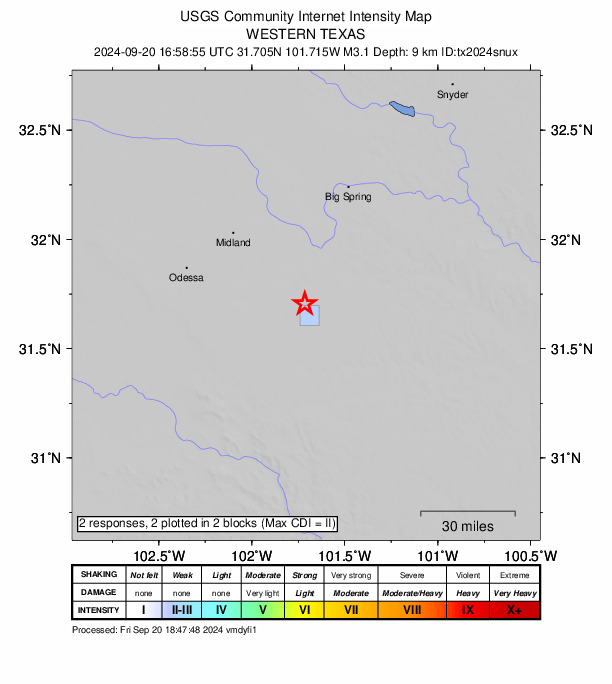 USGS DYFI community-reported intensity map for the M3.1 earthquake near 28 km SW of Garden City, Texas