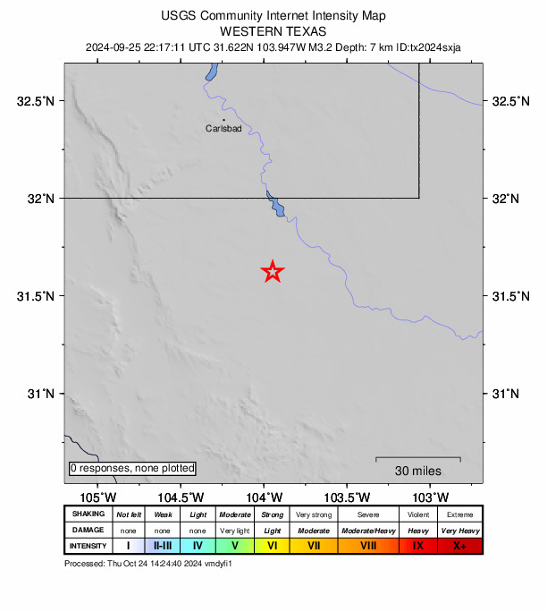 USGS DYFI community-reported intensity map for the M3.2 earthquake near 34 km WSW of Mentone, Texas