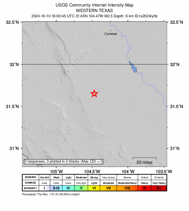 USGS DYFI community-reported intensity map for the M2.5 earthquake near 58 km S of Whites City, New Mexico