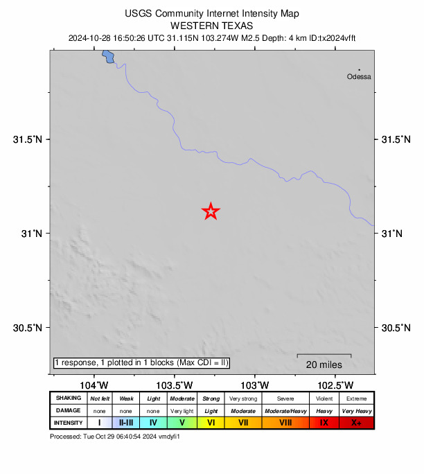 USGS DYFI community-reported intensity map for the M2.5 earthquake near 24 km SW of Coyanosa, Texas