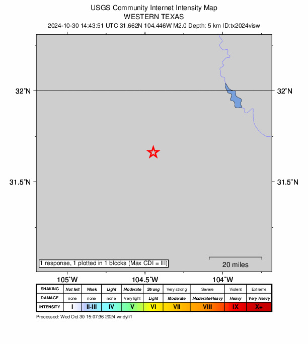 USGS DYFI community-reported intensity map for the M2.0 earthquake near 57 km S of Whites City, New Mexico