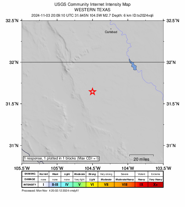 USGS DYFI community-reported intensity map for the M2.7 earthquake near 59 km S of Whites City, New Mexico
