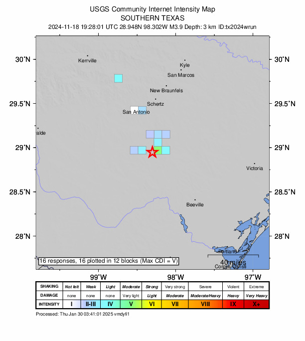 USGS DYFI community-reported intensity map for the M3.8 earthquake near 17 km E of Pleasanton, Texas