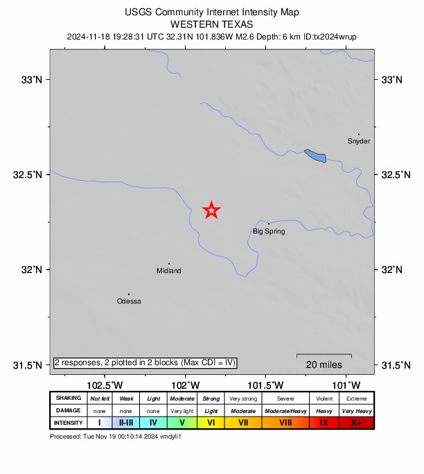 USGS DYFI community-reported intensity map for the M2.6 earthquake near 20 km NNW of Stanton, Texas