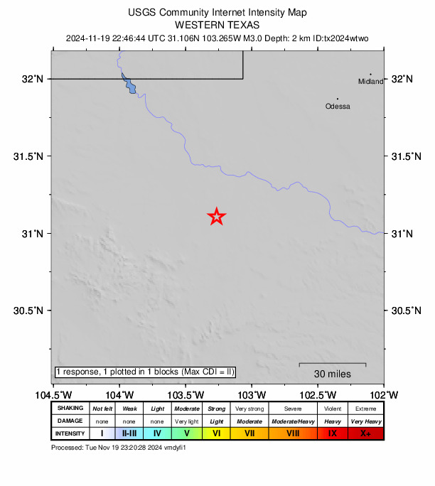 USGS DYFI community-reported intensity map for the M3.0 earthquake near 24 km SW of Coyanosa, Texas