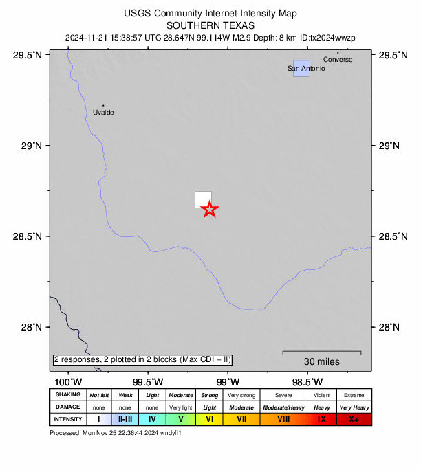 USGS DYFI community-reported intensity map for the M2.9 earthquake near 10 km E of Dilley, Texas
