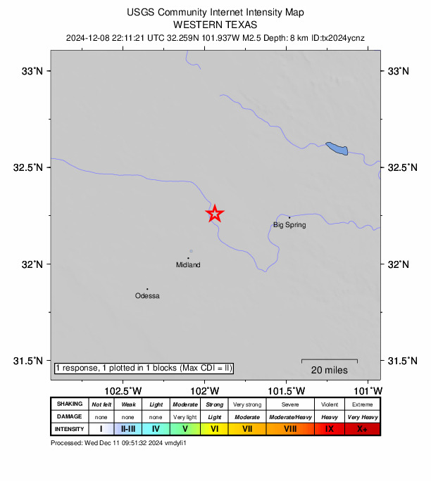 USGS DYFI community-reported intensity map for the M2.5 earthquake near 20 km NW of Stanton, Texas