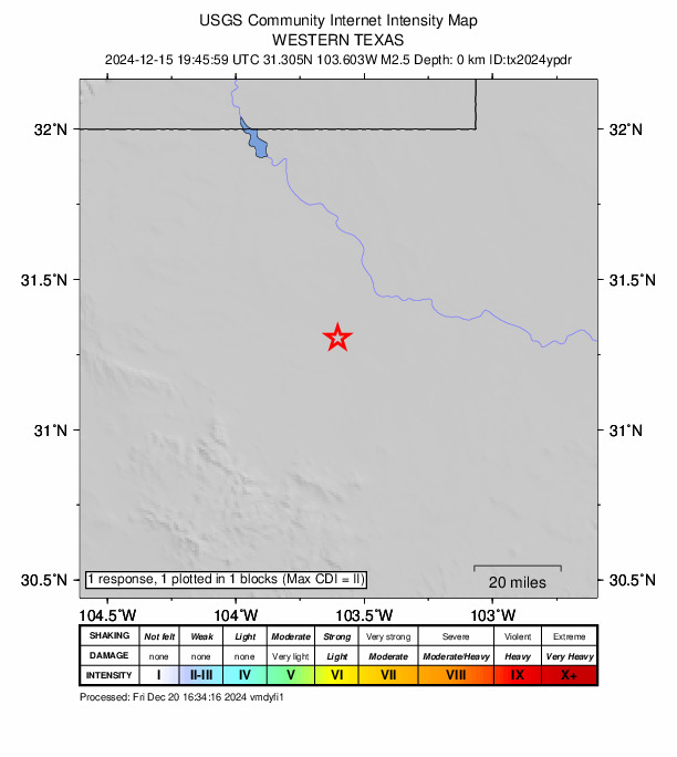 USGS DYFI community-reported intensity map for the M2.5 earthquake near 9 km SW of Lindsay, Texas