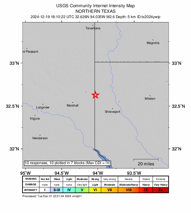 USGS DYFI community-reported intensity map for the M2.6 earthquake near 9 km SW of Mooringsport, Louisiana