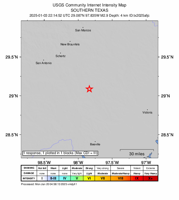 USGS DYFI community-reported intensity map for the M3.1 earthquake near 20 km ENE of Falls City, Texas