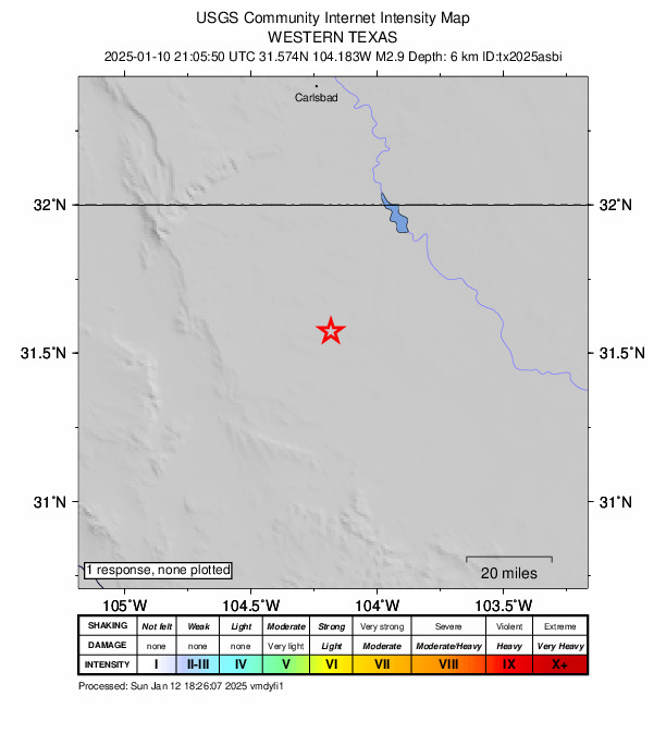 USGS DYFI community-reported intensity map for the M2.9 earthquake near 46 km NW of Toyah, Texas