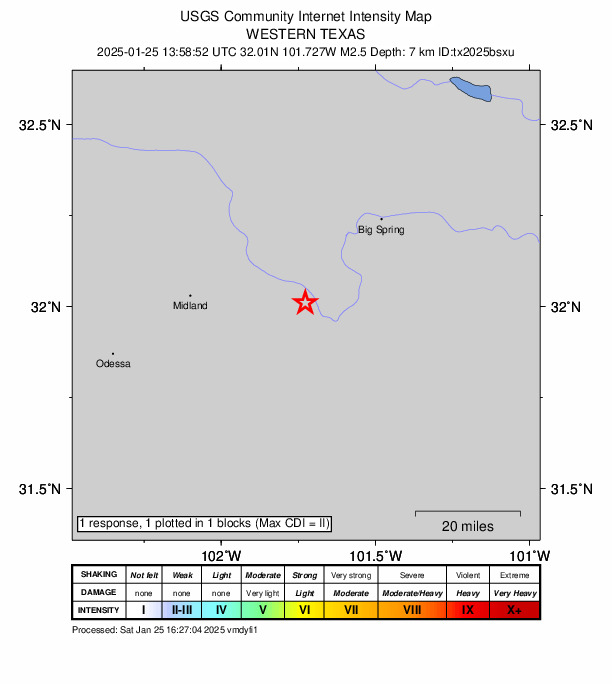 USGS DYFI community-reported intensity map for the M2.5 earthquake near 14 km SSE of Stanton, Texas