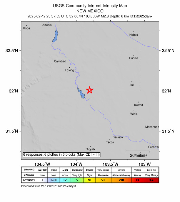 USGS DYFI community-reported intensity map for the M2.8 earthquake near 34 km SE of Malaga, New Mexico
