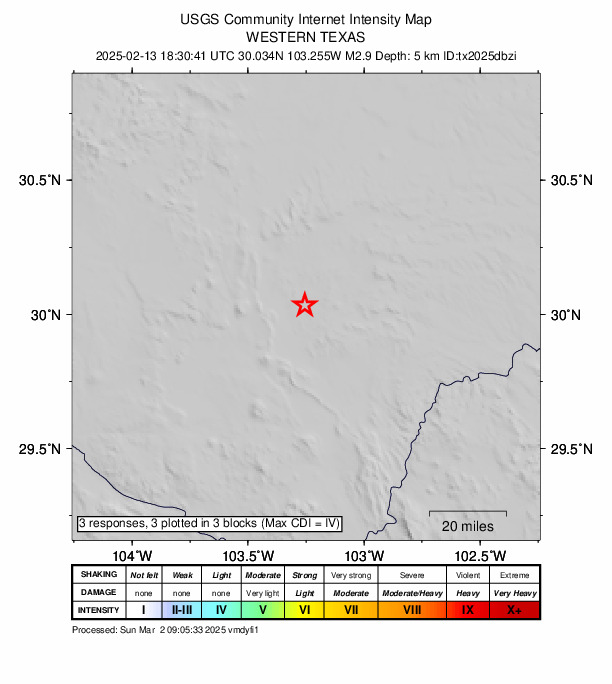 USGS DYFI community-reported intensity map for the M2.9 earthquake near 19 km S of Marathon, Texas