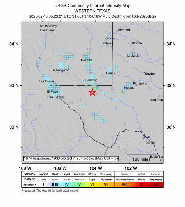 USGS DYFI community-reported intensity map for the M5.0 earthquake near 53 km NW of Toyah, Texas