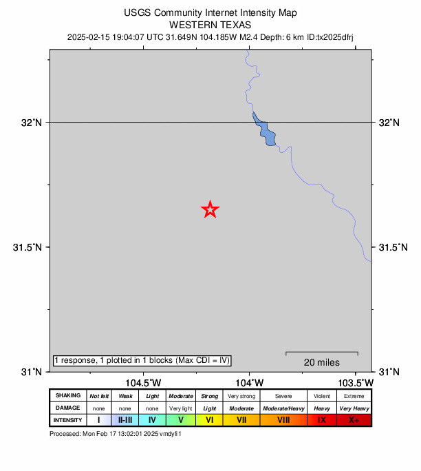 USGS DYFI community-reported intensity map for the M2.4 earthquake near 52 km NW of Toyah, Texas