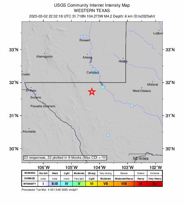 USGS DYFI community-reported intensity map for the M4.2 earthquake near 51 km S of Whites City, New Mexico