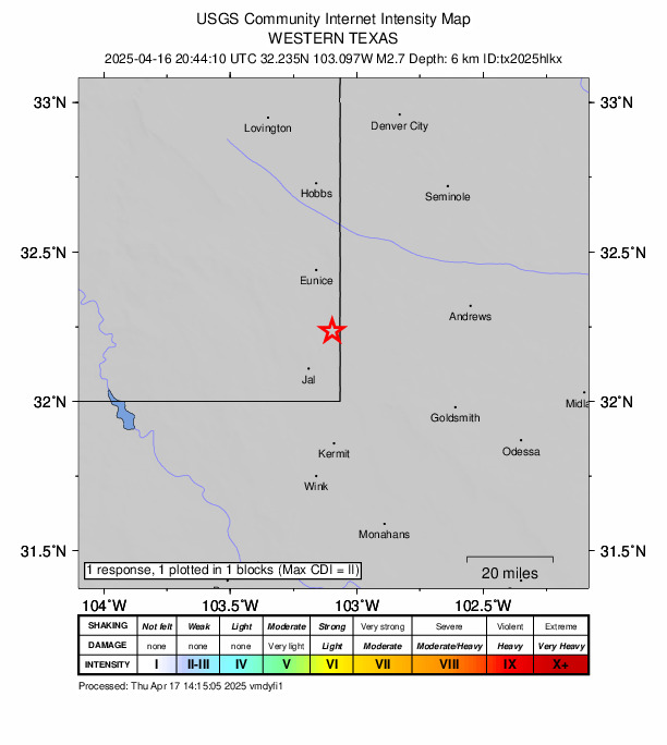 USGS DYFI community-reported intensity map for the M2.7 earthquake near 16 km NE of Jal, New Mexico