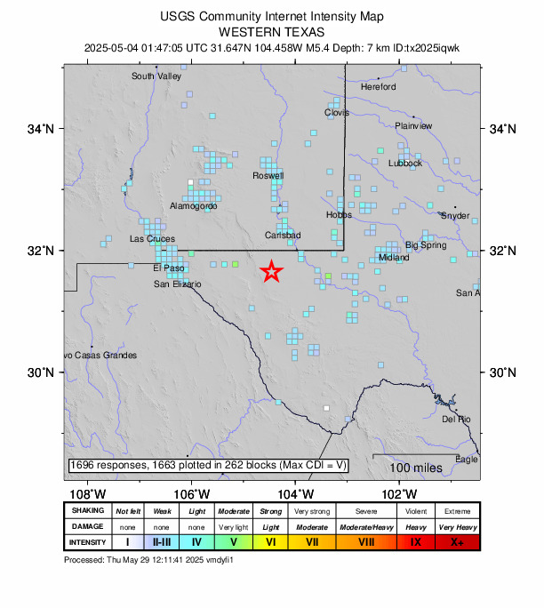USGS DYFI community-reported intensity map for the M5.4 earthquake near 59 km S of Whites City, New Mexico