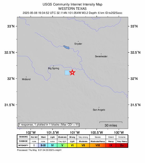 USGS DYFI community-reported intensity map for the M3.2 earthquake near 27 km S of Westbrook, Texas