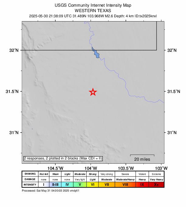 USGS DYFI community-reported intensity map for the M2.6 earthquake near 25 km NW of Toyah, Texas