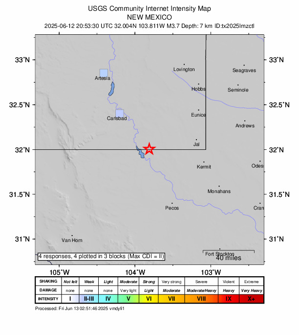 USGS DYFI community-reported intensity map for the M3.7 earthquake near 34 km SE of Malaga, New Mexico