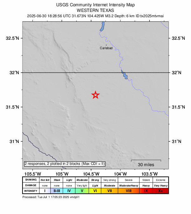 USGS DYFI community-reported intensity map for the M3.2 earthquake near 55 km S of Whites City, New Mexico
