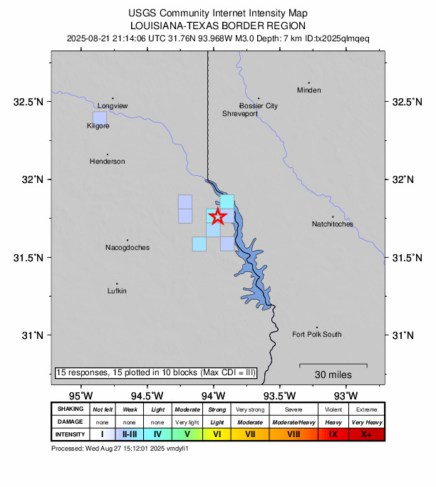 USGS DYFI community-reported intensity map for the M3.0 earthquake near 8 km W of Huxley, Texas
