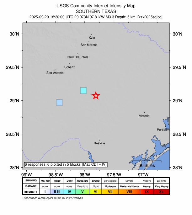 USGS DYFI community-reported intensity map for the M3.3 earthquake near 22 km SSW of Nixon, Texas
