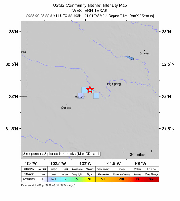 USGS DYFI community-reported intensity map for the M3.4 earthquake near 12 km WSW of Stanton, Texas