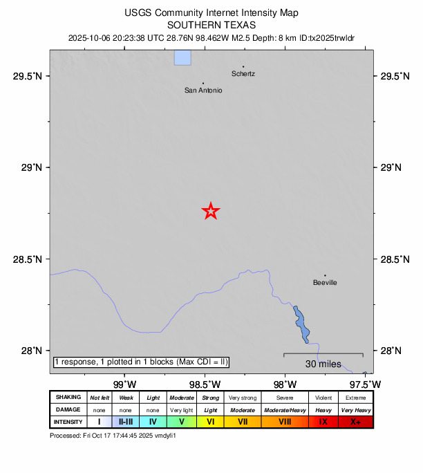 USGS DYFI community-reported intensity map for the M2.5 earthquake near 4 km SE of Christine, Texas