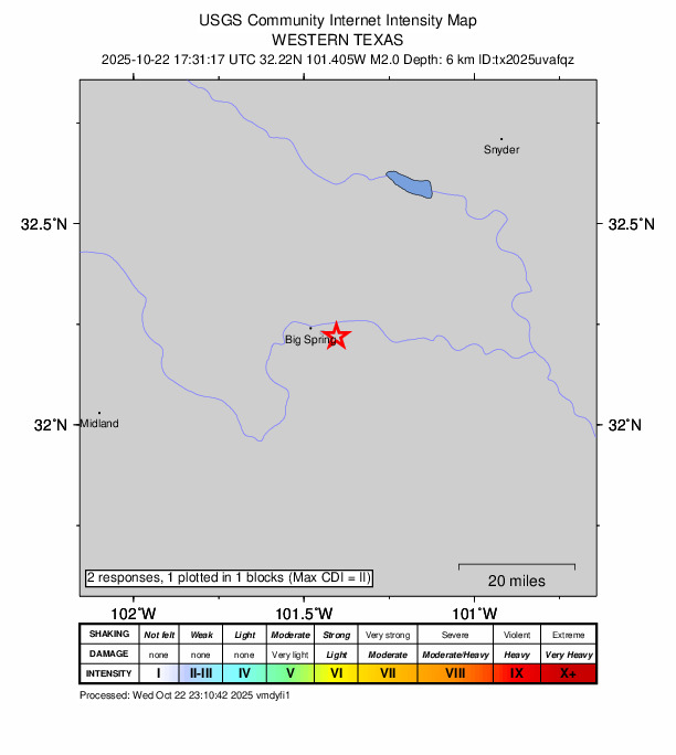 USGS DYFI community-reported intensity map for the M2.0 earthquake near 7 km ESE of Big Spring, Texas