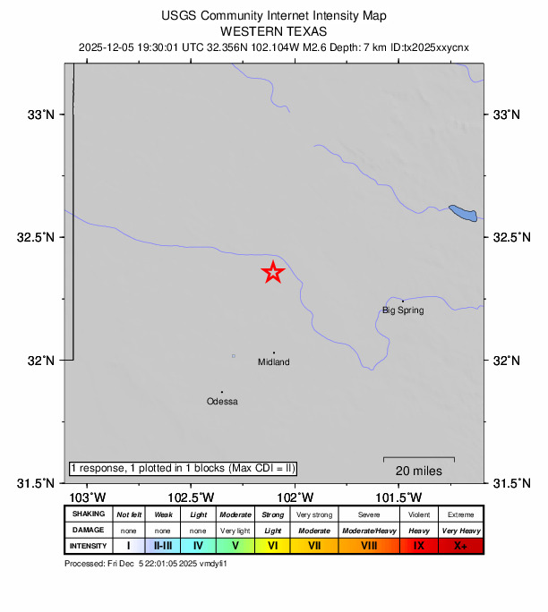 USGS DYFI community-reported intensity map for the M2.6 earthquake near 38 km NW of Stanton, Texas