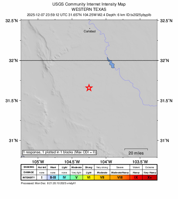 USGS DYFI community-reported intensity map for the M2.4 earthquake near 57 km NW of Toyah, Texas