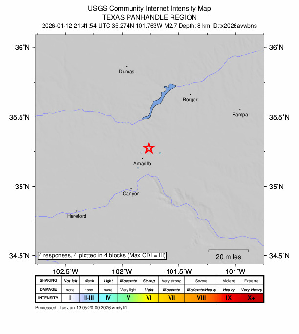 USGS DYFI community-reported intensity map for the M2.7 earthquake near 8 km NE of Amarillo, Texas