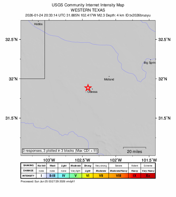 USGS DYFI community-reported intensity map for the M2.3 earthquake near 6 km NW of Odessa, Texas