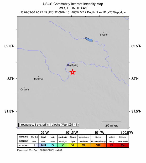USGS DYFI community-reported intensity map for the M2.2 earthquake near 11 km W of Forsan, Texas