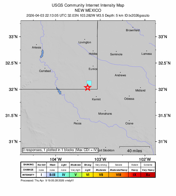 USGS DYFI community-reported intensity map for the M3.5 earthquake near 12 km SW of Jal, New Mexico