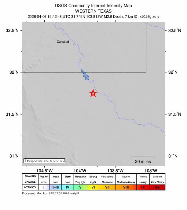 USGS DYFI community-reported intensity map for the M2.6 earthquake near 20 km WNW of Mentone, Texas